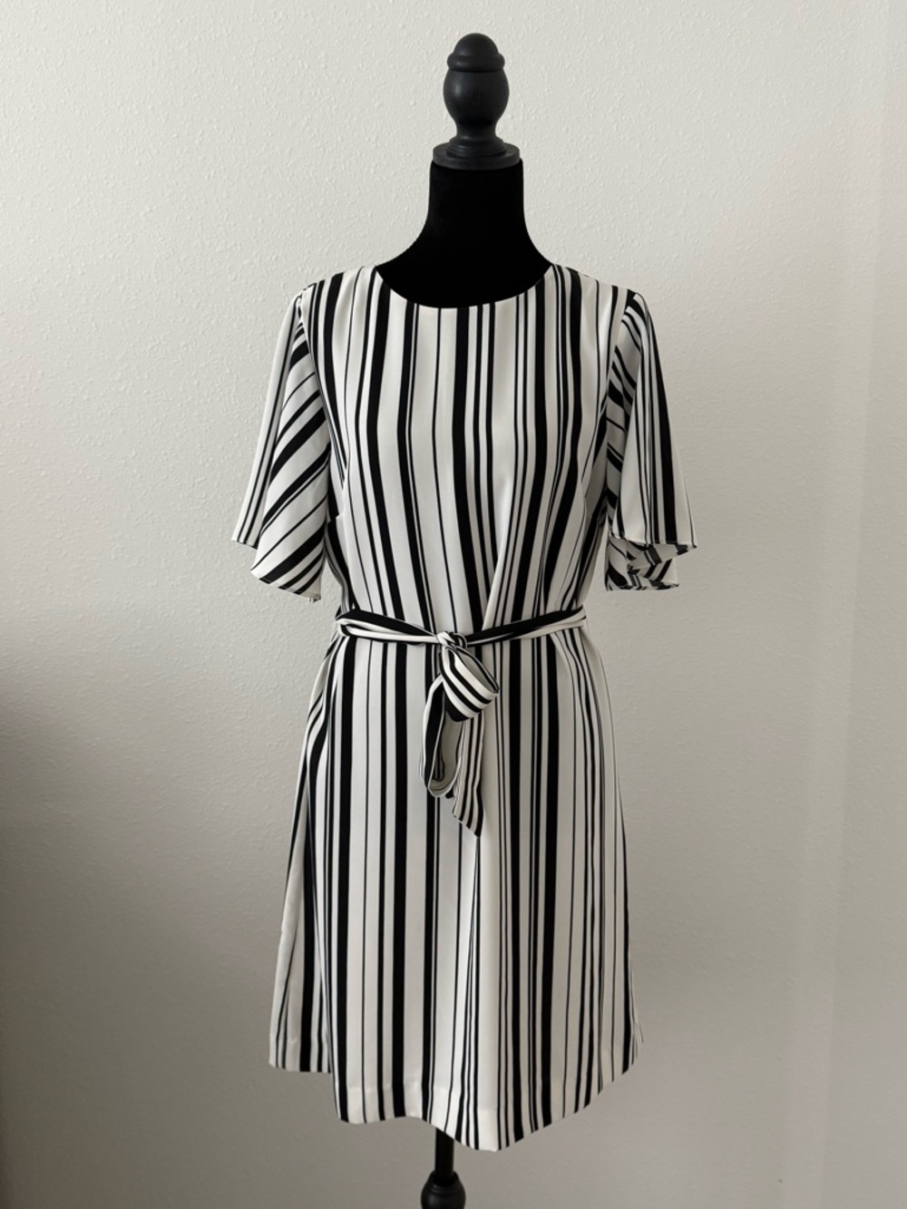 H&M Black and White Vertical Stripe Tie-Waist Mini Dress